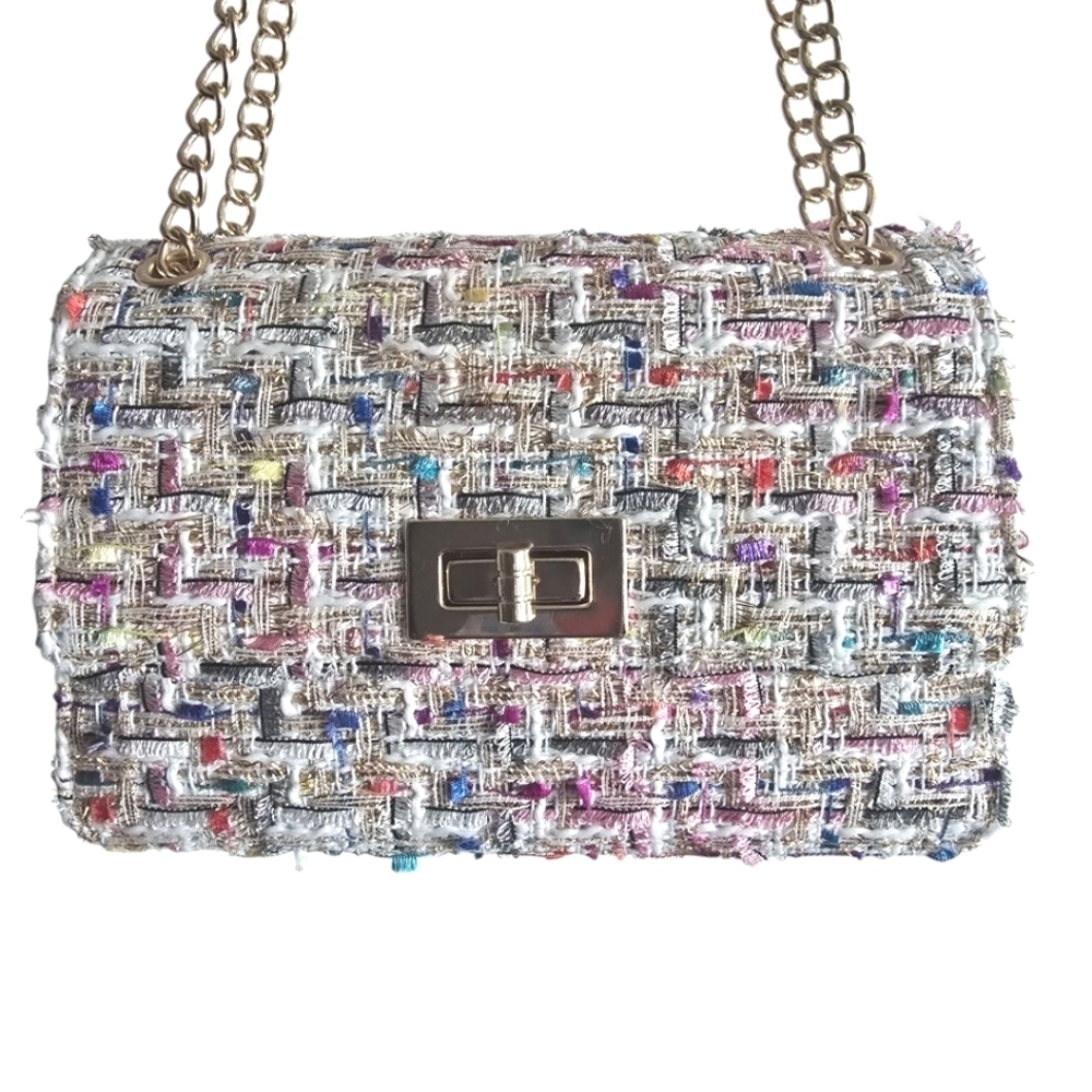 Tweed Pink Khaki White Small Gold Chain Handbag Purse